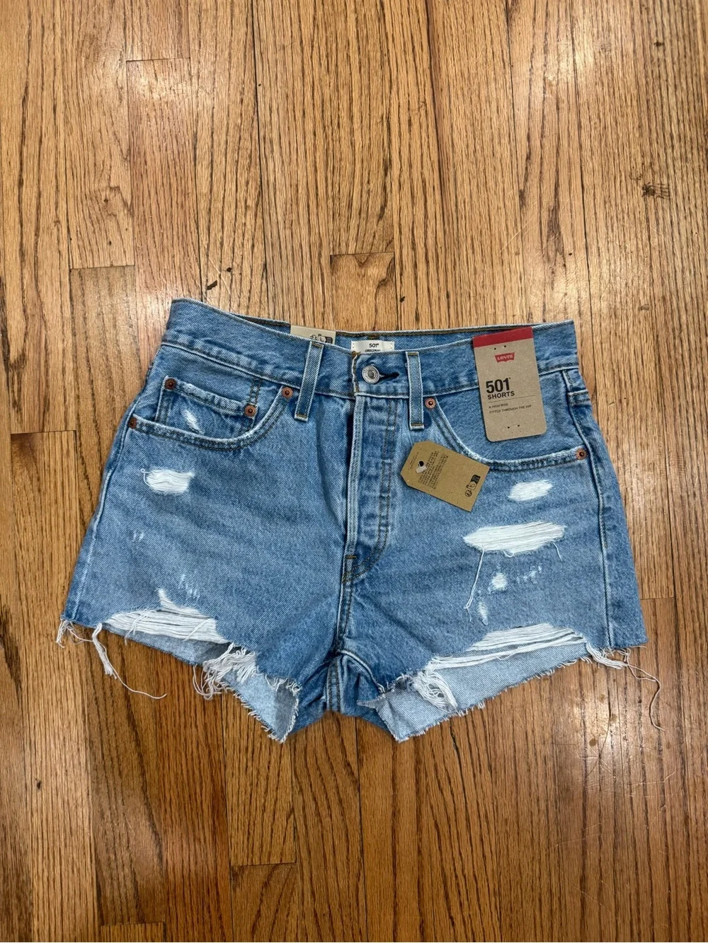 Levi's 501 Light Blue Distressed Denim Jean Shorts NWT Size 26